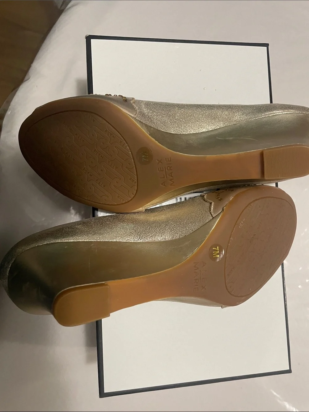 New Alex Marie Gold Peep-Toe Low Wedge Heels.
